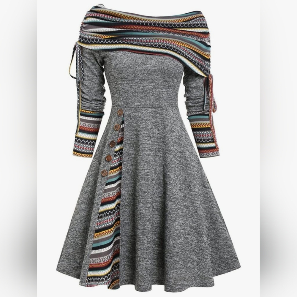 Chic Asymmetrical Gray Dress with Colorful Stripes